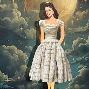 1950s Ivory Eyelet Cotton Voile Lace Tiered Ruffle Party Dress Vintage 22” Waist